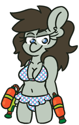 Size: 600x950 | Tagged: safe, artist:threetwotwo32232, oc, oc:tjane, anthro, pony, belly button, bikini, breasts, cleavage, clothes, female, mare, midriff, solo, swimsuit, water pistol