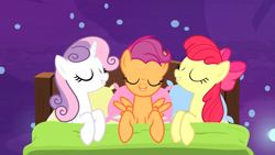 Size: 1920x1080 | Tagged: safe, screencap, apple bloom, scootaloo, sweetie belle, earth pony, pegasus, pony, unicorn, growing up is hard to do, bed, cutie mark crusaders, older, older apple bloom, older cmc, older scootaloo, older sweetie belle