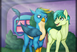 Size: 1060x720 | Tagged: safe, artist:greymirror, gallus, sandbar, earth pony, griffon, pony, duo, duo male, folded wings, male, school of friendship, talking, walking, wings