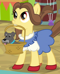 Size: 400x495 | Tagged: safe, screencap, ruby slippers (pony), dog, earth pony, pony, growing up is hard to do, basket, clothes, costume, cropped, dorothy gale, mouth hold, the wizard of oz