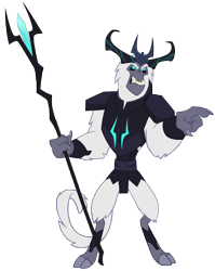 Size: 797x1003 | Tagged: safe, artist:andoanimalia, storm king, yeti, my little pony: the movie, alternate design, angry, antagonist, armor, claws, cloven hooves, crown, crystal, fangs, growling, horns, jewelry, original design, pointing, regalia, simple background, solo, staff, staff of sacanas, storm king's emblem, tail, transparent background, vector