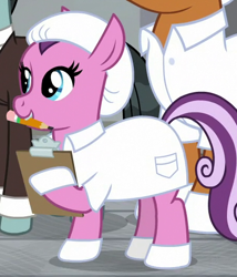 Size: 450x525 | Tagged: safe, screencap, earth pony, pony, the last laugh, clipboard, clothes, cropped, hoof gloves, lab coat, lavender flask, mouth hold, pencil, solo focus