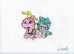 Size: 1123x816 | Tagged: safe, artist:endlesswire94, cozy glow, dragon, pegasus, pony, bow, cassie (dragontales), dragon tales, duo, duo female, eye contact, female, filly, foal, freckles, hair bow, looking at each other, signature, simple background, tail bow, traditional art, white background