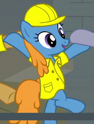 Size: 325x430 | Tagged: safe, screencap, earth pony, pony, the last laugh, background pony, bipedal, cropped, dancing, giggleberry, hard hat, offscreen character, solo focus