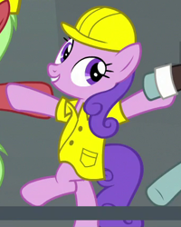 Size: 340x425 | Tagged: safe, screencap, earth pony, pony, the last laugh, background pony, bipedal, cropped, dancing, hard hat, line dancing, pun twirl, sans smirk, solo focus