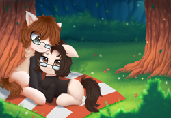 Size: 3024x2088 | Tagged: safe, artist:alexander56910, oc, oc only, pony, clothes, cuddling, cute, duo, female, flower, forest, glasses, hoodie, leaves, lesbian, picnic, picnic blanket, tree