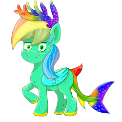 Size: 3200x3200 | Tagged: safe, artist:ciaran, derpibooru exclusive, oc, oc only, original species, pony, shark, shark pony, antlers, multicolored hair, rainbow antlers, rainbow hair, rainbow tail, simple background, transparent background, wings