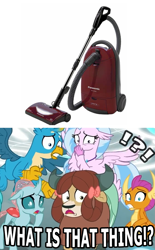 Size: 691x1113 | Tagged: safe, edit, edited screencap, screencap, gallus, ocellus, sandbar, silverstream, smolder, yona, changedling, changeling, classical hippogriff, dragon, griffon, hippogriff, pony, yak, school raze, !?!, behaving like a cat, behaving like a dog, bow, claws, cloven hooves, cropped, dragoness, exclamation point, fear, female, hair bow, hand over mouth, headcanon, hoof over mouth, interrobang, male, meme, monkey swings, paws, question mark, reaction image, scared, shocked, student six, teenager, text, vacuum cleaner