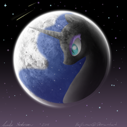 Size: 2449x2449 | Tagged: safe, artist:dreamyartcosplay, nightmare moon, alicorn, pony, ethereal mane, female, full moon, mare, mare in the moon, meteor, moon, signature, solo, space, starry mane, stars