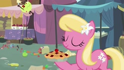 Size: 1920x1080 | Tagged: safe, screencap, lily, lily valley, earth pony, pony, the big mac question, eyes closed, female, flower, flower in hair, food, hoof hold, mare, pie, solo