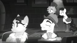 Size: 1702x957 | Tagged: safe, screencap, betty hoof, cleopatra jazz, pony, sparkle's seven, background pony, bar, card, clothes, dress, female, grayscale, hat, hoof hold, looking at someone, male, mare, marelene dietrot, monochrome, noir, playing card, stallion, surprised