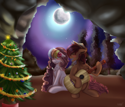 Size: 3500x3000 | Tagged: safe, artist:shamy-crist, oc, oc only, pony, acoustic guitar, christmas, christmas tree, female, hat, holiday, male, mare, moon, night, stallion, tree