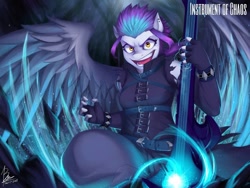 Size: 1080x810 | Tagged: safe, artist:weirdsketcher, oc, oc only, oc:cosmic colors, anthro, pegasus, bard, belt, clothes, fantasy, fantasy class, female, guitar, looking at you, musical instrument, narrowed eyes, open mouth, punk rock, solo, spread wings, wings