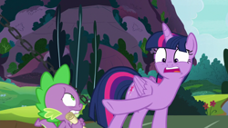 Size: 1920x1080 | Tagged: safe, screencap, spike, twilight sparkle, twilight sparkle (alicorn), alicorn, dragon, pony, between dark and dawn, duo, female, male, mare, scroll, winged spike