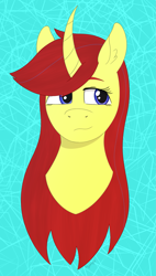 Size: 1499x2647 | Tagged: safe, artist:dyonys, derpibooru exclusive, oc, oc:maya yamato, pony, unicorn, abstract background, bust, curved horn, female, front view, horn, mare