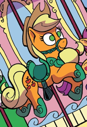 Size: 290x421 | Tagged: safe, idw, applejack, scootaloo, earth pony, pony, spoiler:comic, spoiler:comic78, bridle, carousel, cropped, inanimate tf, merry-go-round, saddle, solo focus, tack, transformation