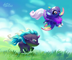 Size: 1378x1146 | Tagged: safe, artist:holivi, oc, oc only, unicorn, chibi, cloud, flying, grass, running