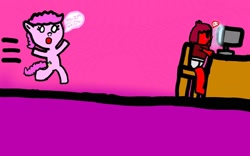Size: 1920x1200 | Tagged: safe, pinkie pie, earth pony, human, pony, 1000 hours in ms paint, abstract background, blushing, chair, clothes, computer, creepypasta, cute, desk, explicit description, glow, implied porn, lewd, omg, panic, running, shock, sitting, speech bubble, text, this will end in jerking off, this will end in love, underwear, zalgo, zalgo pagie