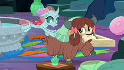 Size: 1920x1080 | Tagged: safe, screencap, ocellus, yona, changedling, changeling, yak, uprooted, bow, changeling wings, cloven hooves, female, hair bow, insect wings, monkey swings, motion lines, mouth hold, pillow, wings