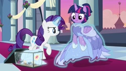 Size: 1920x1080 | Tagged: safe, screencap, rarity, twilight sparkle, twilight sparkle (alicorn), alicorn, pony, spider, star spider, unicorn, the last problem, clothes, dress, glowing horn, horn, magic, second coronation dress, telekinesis