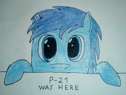 Size: 1736x1310 | Tagged: safe, artist:überreaktor, oc, oc:p-21, pony, fallout equestria, fallout equestria: project horizons, fanfic art, hooves, kilroy, kilroy was here, solo, traditional art