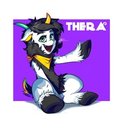 Size: 1080x1080 | Tagged: safe, artist:weirdsketcher, oc, oc only, oc:thera, goat, abstract background, art trade, female, fluffy, goat pony, human shoulders, looking at you, open mouth, sitting, solo, three horns