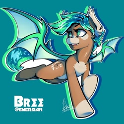 Size: 1080x1080 | Tagged: safe, artist:weirdsketcher, oc, oc only, oc:bree, bat pony, art trade, bat pony oc, coat markings, cutie mark, ear fluff, ethereal mane, eyeshadow, flying, makeup, open mouth, solo, starry mane