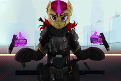 Size: 4500x3000 | Tagged: safe, artist:redvais, oc, oc only, oc:bernard monroe, pony, unicorn, ammo pouch, armor, bipedal, blood, bullet, bullet hole, bulletproof vest, candy, clothes, fence, food, glowing horn, gun, gunsmoke, hand, handgun, horn, injured, knife, laser, looking at you, magic, magic hands, male, military, pistol, raised hooves, reloading, scar, smiling, smirk, soldier, solo, stallion, standing, street, street lights, sword, telekinesis, torn ear, weapon