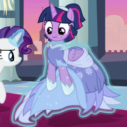 Size: 700x700 | Tagged: safe, screencap, rarity, twilight sparkle, twilight sparkle (alicorn), alicorn, pony, unicorn, the last problem, clothes, cropped, dress, duo, magic, second coronation dress, telekinesis