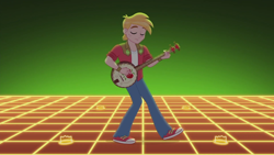 Size: 1280x720 | Tagged: safe, screencap, big macintosh, better together, choose your own ending, equestria girls, the last drop, the last drop: big macintosh, banjo, clothes, converse, eyes closed, green background, male, musical instrument, pants, shoes, simple background, smiling, sneakers