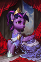 Size: 800x1200 | Tagged: safe, artist:assasinmonkey, twilight sparkle, twilight sparkle (alicorn), alicorn, pony, unicorn, the last problem, clothes, coronation dress, crown, dress, female, hoof shoes, jewelry, mare, painting, regalia, second coronation dress, smiling, solo