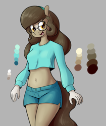 Size: 1317x1566 | Tagged: safe, artist:whatsapokemon, oc, oc only, oc:wishful thought, anthro, earth pony, anthro oc, belly button, clothes, female, glasses, long sleeves, mare, midriff, short shirt, solo