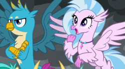 Size: 561x309 | Tagged: safe, screencap, gallus, ocellus, sandbar, silverstream, smolder, changedling, changeling, dragon, griffon, hippogriff, pony, the ending of the end, cropped, duo focus