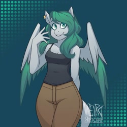 Size: 1080x1080 | Tagged: safe, artist:weirdsketcher, oc, oc only, anthro, pegasus, pony, abstract background, breasts, cleavage, clothes, commission, ear piercing, earring, female, jewelry, looking at you, piercing, sleeveless, smiling, solo, tanktop