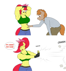 Size: 1280x1380 | Tagged: safe, artist:matchstickman, apple bloom, oc, anthro, earth pony, abs, anthro oc, apple bloom's bow, apple bloomed, apple brawn, arm behind head, armpits, biceps, bow, breasts, clothes, comic, crash, deltoids, duo, eyes closed, female, fingerless gloves, gloves, hair bow, jeans, laughing, male, mare, matchstickman's apple brawn series, muscles, older, older apple bloom, onomatopoeia, pants, pushing, shirt, simple background, speech bubble, sports bra, stallion, tickling, tumblr comic, tumblr:where the apple blossoms, unnamed oc, white background