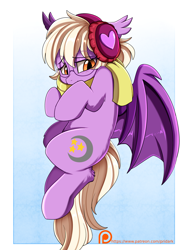 Size: 2395x3072 | Tagged: safe, artist:pridark, oc, oc only, oc:pinkfull night, bat pony, pony, bat pony oc, blushing, clothes, digital art, earmuffs, female, flying, glasses, patreon, patreon logo, patreon reward, scarf, shy, solo, teenager