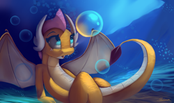 Size: 4554x2700 | Tagged: safe, artist:auroriia, smolder, dragon, bubble, dragon wings, female, horns, looking up, open mouth, scales, solo, tail, underwater, water, wings