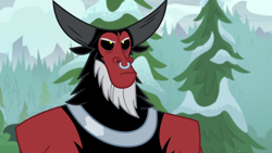 Size: 1280x720 | Tagged: safe, screencap, lord tirek, centaur, frenemies (episode), frown, male, nose piercing, nose ring, piercing, pine tree, solo, tree