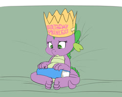 Size: 1088x860 | Tagged: safe, artist:carnifex, barb, spike, dragon, barbabetes, birthday, book, cute, hat, rule 63, rule63betes, sad, sadorable, sitting, sofa