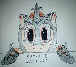 Size: 2211x1942 | Tagged: safe, artist:überreaktor, oc, oc:rampage, pony, fallout equestria, fallout equestria: project horizons, fanfic art, hooves, kilroy, kilroy was here, solo, text, traditional art