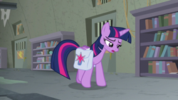 Size: 1920x1080 | Tagged: safe, screencap, twilight sparkle, twilight sparkle (alicorn), alicorn, pony, the point of no return, book, bookshelf, saddle bag, solo