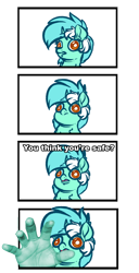 Size: 4650x9101 | Tagged: safe, artist:witchtaunter, lyra heartstrings, pony, unicorn, absurd resolution, comic, hand, meme, ponified meme, solo, the fourth wall cannot save you, vibe check, you think you're safe