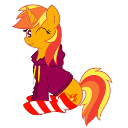 Size: 5000x5000 | Tagged: safe, artist:ricky_mckim, oc, oc only, oc:ricky, unicorn, clothes, female, hoodie, looking at you, mare, one eye closed, original art, original character do not steal, simple background, sitting, smiling, socks, striped socks, transparent background