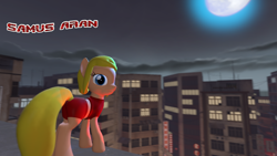 Size: 1920x1080 | Tagged: safe, artist:beardeddoomguy, pony, .zip file at source, 3d, 3d model, city, downloadable, metroid, moon, ponified, rooftop, samus aran, solo, source filmmaker