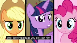 Size: 1920x1080 | Tagged: safe, edit, edited screencap, screencap, applejack, pinkie pie, twilight sparkle, twilight sparkle (alicorn), alicorn, earth pony, pony, between dark and dawn, caption, female, looking at you, mare, meme, say what, youtube caption
