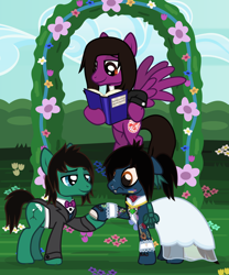 Size: 2224x2674 | Tagged: safe, artist:lightningbolt, derpibooru exclusive, earth pony, pegasus, pony, undead, zombie, zombie pony, .svg available, arch, bags under eyes, blushing, bone, book, bowtie, bring me the horizon, brothers, clothes, colored blushing, colored pupils, colored sclera, crossdressing, diamond, dream sequence, dress, fangs, floppy ears, flower, flying, gay, glasgow smile, hedge, holding hooves, hoof hold, hoof on hip, incest, lace, lidded eyes, long sleeves, looking down, male, marriage, oliver sykes, outdoors, pierce the veil, ponified, ponytail, raised hoof, shipping, shirt, shocked, siblings, stallion, standing, story included, suit, surprised, svg, tattoo, tom sykes, undershirt, vector, vic fuentes, wedding, wedding arch, wedding dress