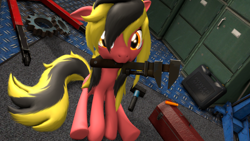 Size: 3840x2160 | Tagged: safe, artist:unnero1, oc, oc only, oc:high gear, earth pony, pony, 3d, carpet, cute, garage, gears, hammer, lockers, looking at you, mouth hold, ocbetes, screwdriver, sitting, toolbox, wrench