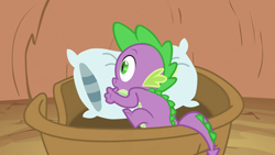 Size: 1920x1080 | Tagged: safe, screencap, spike, dragon, magical mystery cure, basket, cropped, golden oaks library, male, pillow, solo, thumb sucking