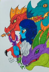 Size: 2304x3402 | Tagged: safe, artist:boyoxhot, dragon lord ember, dragon lord torch, garble, princess ember, spike, dragon, human, bloodstone scepter, crossover, daenerys targaryen, female, fire, game of thrones, humanized, male, marker drawing, traditional art