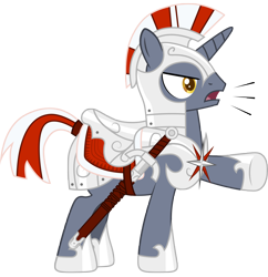 Size: 6000x6193 | Tagged: safe, artist:gray--day, oc, oc only, pony, unicorn, armor, guard, helmet, hoof shoes, horn, raised hoof, show accurate, simple background, solo, sword, transparent background, unicorn oc, weapon